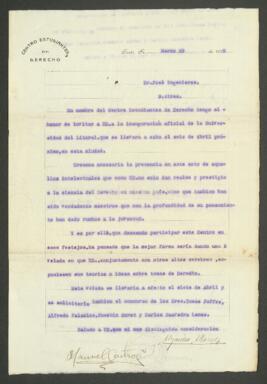 Carta mecanografiada de Albornoz, Alejandro; Castro, Manuel (Membrete: Centro de Estudiantes de Derecho)