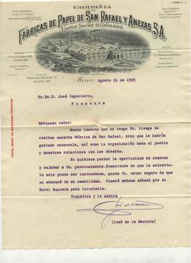 carta mecanografiada de de la Macorra, José (membrete: Fábricas de Papel de San Rafael y Anexas S...
