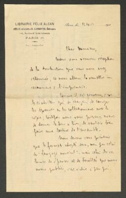 Carta manuscrita de Alcan, Félix (membrete: Librairie Félix Alcan)