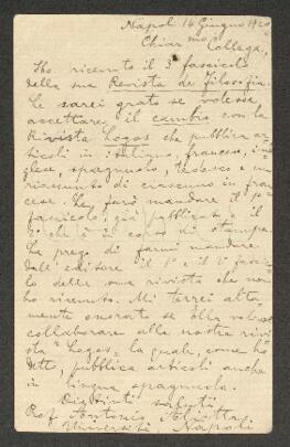 Tarjeta postal de Aliotta, Antonio (membrete: Logos. Rivista Internazionali di Filosofia)