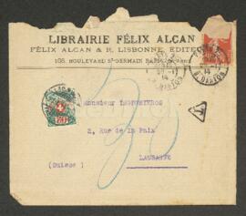 Carta mecanografiada de Alcan, Félix (membrete: Librairie Félix Alcan)