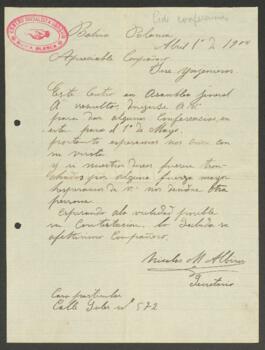 Carta manuscrita de Albisu, Nicolás M. (sello: Centro Socialista Obrero. Bahía Blanca)