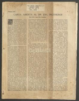 [Artículo de Juan Orts González "Carta abierta al Dr. José Ingenieros", publicado en La...