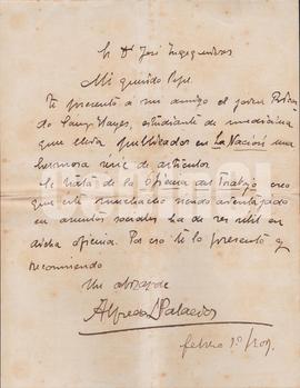 carta manuscrita de Palacios, Alfredo Lorenzo, 01/02/1907
