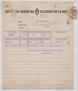 telegrama de Barros, Enrique; Federación Universitaria, 18/06/1918