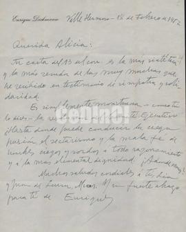Carta de Enrique Dickmann a Alicia Dickmann. Acusa recibo de una carta [ver F. D. 1. 15] y agrade...